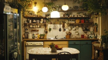 Fototapeta premium A cozy kitchen with warm-toned cabinetry and ambient lighting for a welcoming feel.