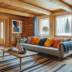 A cozy Scandinavian cabin with warm wood tones and colorful interior accents.