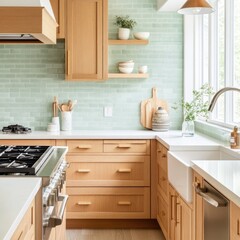 Fototapeta premium A fresh kitchen with a mint green backsplash, white countertops, and wooden accents.