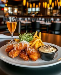 A nostalgic take on fried chicken tenders and fries, placed in an old-school diner setting with neon lights in the background, reflecting a retro 80s American fast-food aesthetic