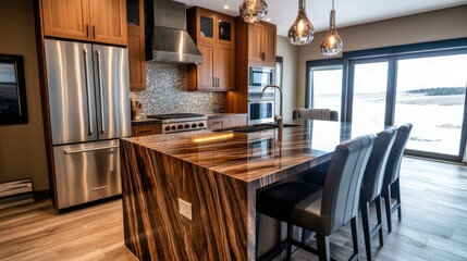 Fototapeta premium A high-end kitchen with a waterfall island countertop and luxury lighting.