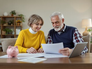 Elderly couple reviewing financial documents at home, smiling while planning savings. Modern cozy interior with warm lighting. Concept of retirement planning. Ai generative