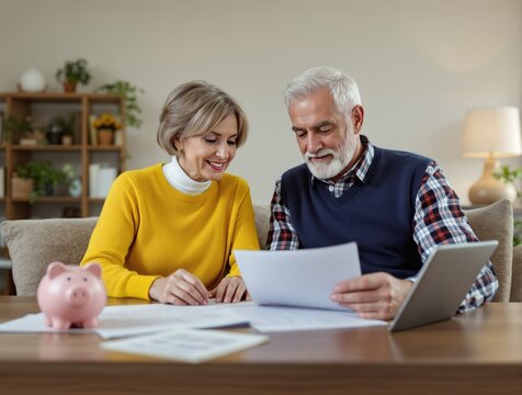 Elderly couple reviewing financial documents at home, smiling while planning savings. Modern cozy interior with warm lighting. Concept of retirement planning. Ai generative
