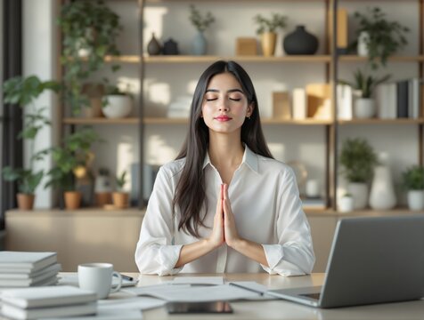 Asian woman in white shirt meditating at office desk with laptop, books, and coffee. Modern interior with shelves and plants. Concept of workplace wellness. Ai generative