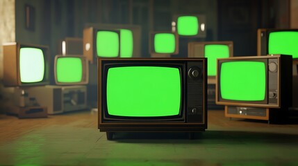 Vintage Televisions with Green Screens in a Retro Media Setting