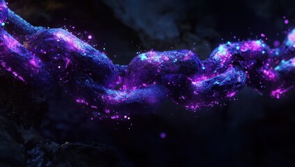 Glowing chain links illuminate the dark with vibrant purple and blue hues.