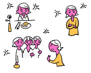 困った顔の女性、怒った顔の女性
