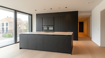 A minimalist kitchen with a matte black and white color scheme for contrast.