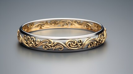 An exquisite platinum band adorned with delicate gold filigree, a timeless symbol of enduring love and commitment, showcased against a smooth gray backdrop.
