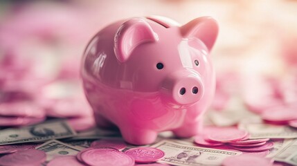 A high-definition close-up of a piggy bank stuffed with money, its glossy pink surface reflecting soft light, representing financial discipline and prosperity,  