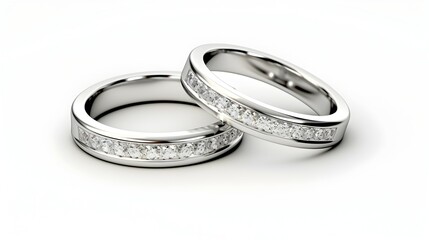 Two elegant wedding bands, sparkling with channel-set diamonds, symbolize a lifetime of love and commitment, displayed on a pristine white background with soft, gentle lighting.