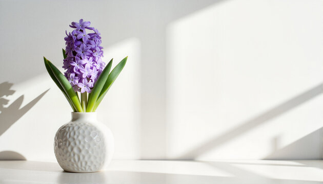 Purple hyacinth flowers in a white vase on a light background for blogs, websites, home decor, greeting cards, stationery designs, floral arrangements, and botanical illustrations