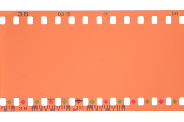 35mm color negative film strip with perforations and marks isolated. Transparent PNG image.