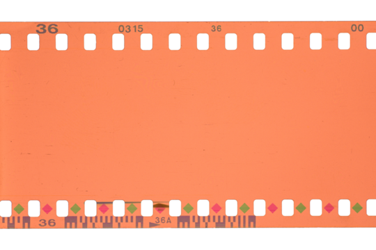 35mm color negative film strip with perforations and marks isolated. Transparent PNG image.