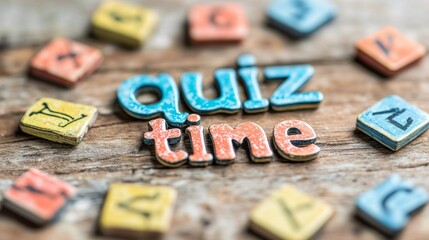 Colorful wooden letters spell out quiz time on a weathered table, inviting creativity and playful learning. Surrounding letters add excitement to this engaging atmosphere