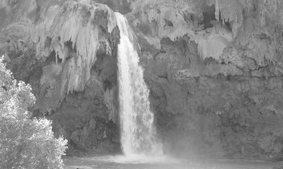 black and white of waterfalls of Havasupai located in a side canyon of the Grand Canyon within the Havasupai Indian Reservation