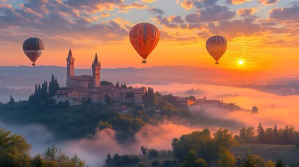 Hot Air Balloons Soaring Over Misty Sunrise Landscape with Medieval Town