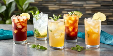 Refreshing Summer Drinks in Clear Glasses with Ice and Garnishes