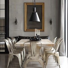 A sophisticated dining setup with a birchwood table and painted metal chairs.