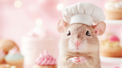 Adorable mouse chef with pastry hat surrounded by colorful desserts in a whimsical bakery setting