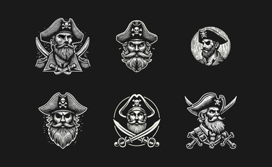 captain pirate Engrave vector logo icon design illustration template