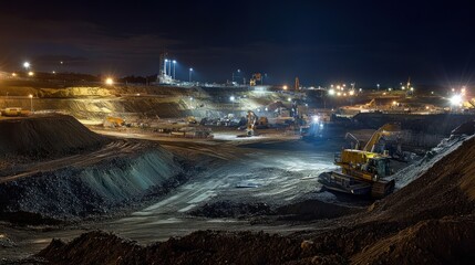 Night Excavation: Mining Site Operation under Floodlights in Stark Geological Landscape