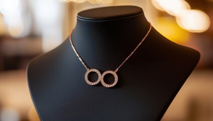 Elegant rose gold necklace with interlocking circle pendants on display.