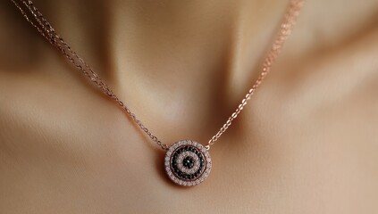 Fototapeta premium Elegant diamond necklace on woman's neck with rose gold chain.