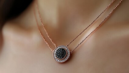 Fototapeta premium Elegant close-up of a rose gold necklace with a black gemstone pendant.