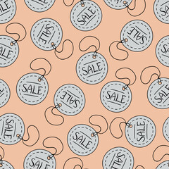 Seamless pattern with hanger price tag discount, special offer, sales lettering. Hand drawn doodle shopping symbols.
