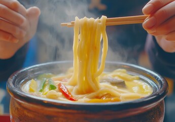 A person is holding chopsticks and eating noodles from a bowl of soup. The bowl is filled with a variety of vegetables and noodles, and the steam rising from the soup creates a cozy