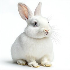 Obraz premium White Rabbit Sitting Upright on a Soft White Background