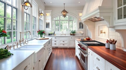 Fototapeta premium Elegant and refined kitchen with a properly spaced walkway, ensuring ease of movement