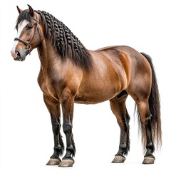 Fototapeta premium A large draft horse with a braided mane, muscular structure detailed, soft studio lighting, full-body shot, white background. 