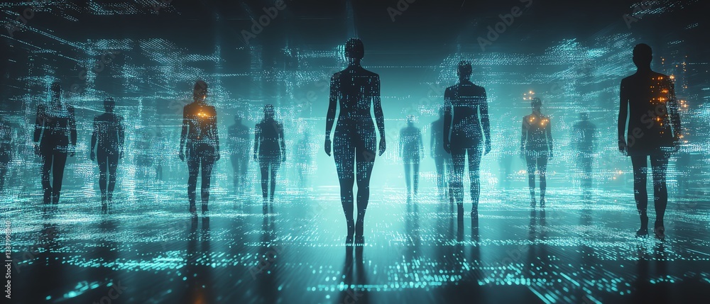 Poster futuristic business networking concept with interlinked human figures, representing professional rel