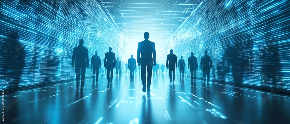Poster Futuristic business networking concept with interlinked human figures, representing professional relationships, teamwork, and digital collaboration in a sleek, hightech environment