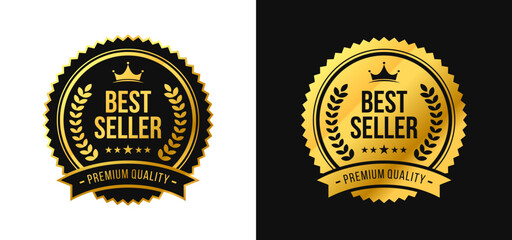 Best seller sticker label with ribbon. Elegant, luxury, premium gold and black badge ribbon with Stars, crown, and laurel wreath. Vector for icon, logo, insigna, seal, tag, sign, seal, symbol, stamp