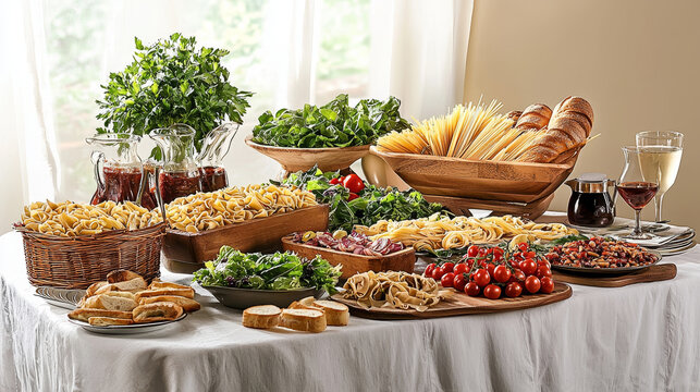 Abundant pasta buffet: various pasta shapes, fresh herbs, vegetables, and bread