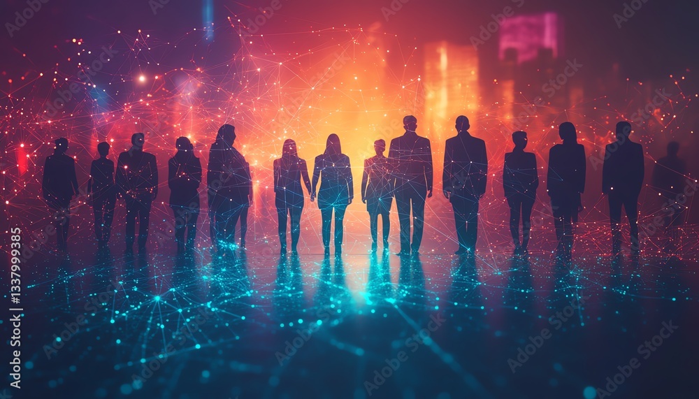 Poster human resources management concept with a digital network of interconnected professionals
