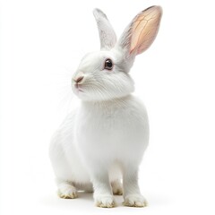 Fototapeta premium A large white farm rabbit standing alert, ears perked up, sharp fur detail, soft lighting, isolated on white. 