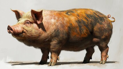Fototapeta premium A large, well-fed pig in vector format, its smooth lines and warm expression making it a perfect representation of farm animals, isolated on a white backdrop. 