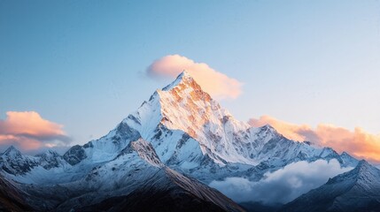 Majestic Mountain Majesty: A breathtaking view of a snow-capped mountain peak, kissed by the warm hues of sunrise, its jagged silhouette standing in contrast against a clear blue sky
