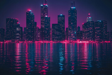 Futuristic cityscape illuminated with vibrant neon lights at twilight hour