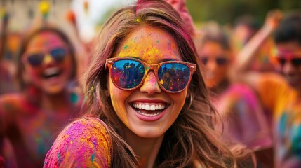 Joyful celebration with colorful powder and smiles.