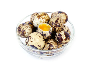 Bowl with quail eggs isolated on white background