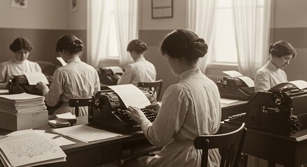 Vintage office scene women typing on typewriters historical workplace old era past retro 1920s 1910s