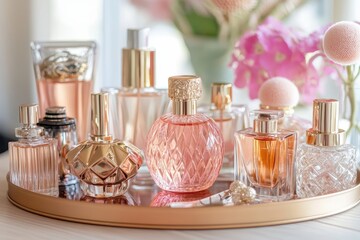 Elegant display of luxury perfume bottles with floral accents.