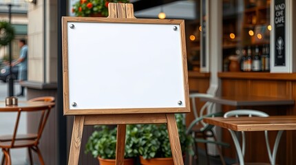 Elegant sandwich board mockup stands outside a charming cafe ready for advertising