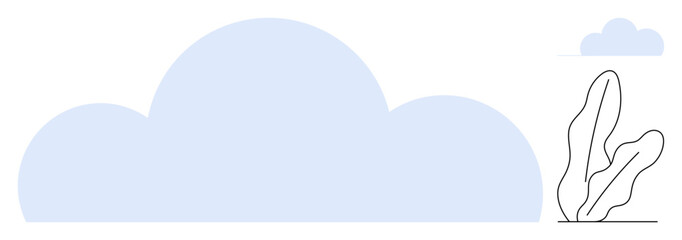 Large light blue cloud overlapping a minimalist line-art plant paired with a smaller cloud. Ideal for weather, nature, environment, simplicity, cloud-based concepts, decoration, flat simple metaphor