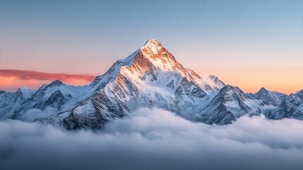 Majestic Mountain Peak Above the Clouds: The towering mountain peak is draped in snow, kissed by the early morning sun above the sea of clouds.